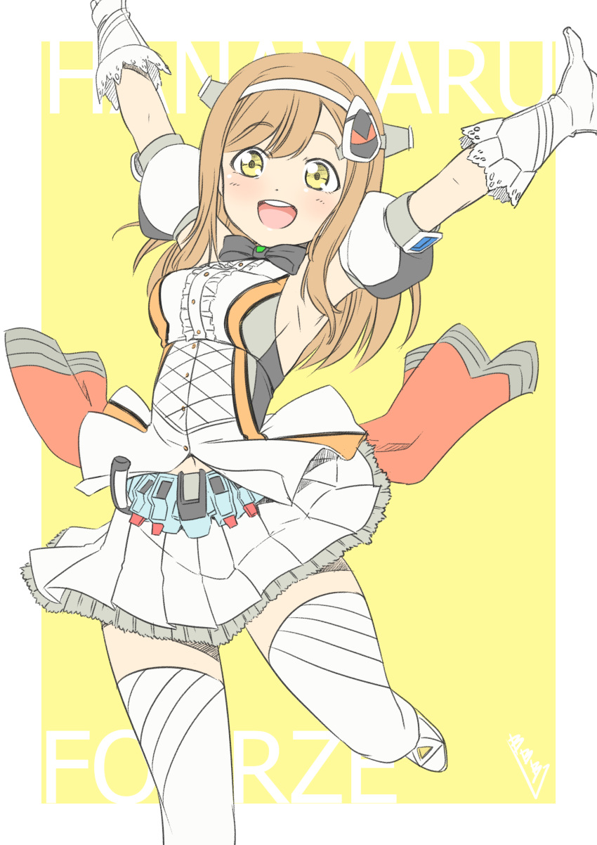 :d absurdres arm_strap armpits arms_up bangs black_bow bow bowtie breasts brown_hair bunji character_name gloves hairband highres kamen_rider kamen_rider_fourze kamen_rider_fourze_(series) kunikida_hanamaru leg_up long_hair looking_at_viewer love_live! love_live!_sunshine!! medium_breasts miniskirt open_mouth pleated_skirt rider-tan sideboob skirt smile solo standing standing_on_one_leg swept_bangs thighhighs white_gloves white_hairband white_legwear white_skirt yellow_eyes zettai_ryouiki