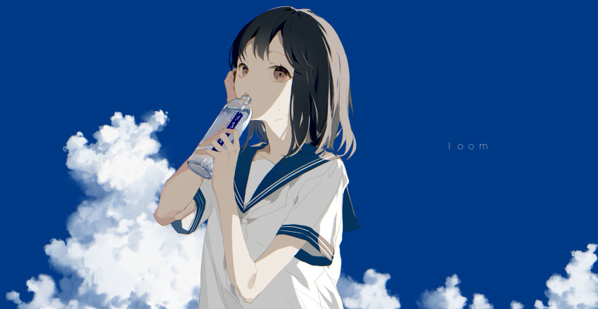 absurdres blue_sailor_collar blue_sky bottle brown_eyes brown_hair cloud day hands_up highres holding holding_bottle looking_at_viewer neckerchief original outdoors sailor_collar school_uniform serafuku shirt short_sleeves sky solo sweat upper_body water_bottle white_neckwear white_shirt zhibuji_loom