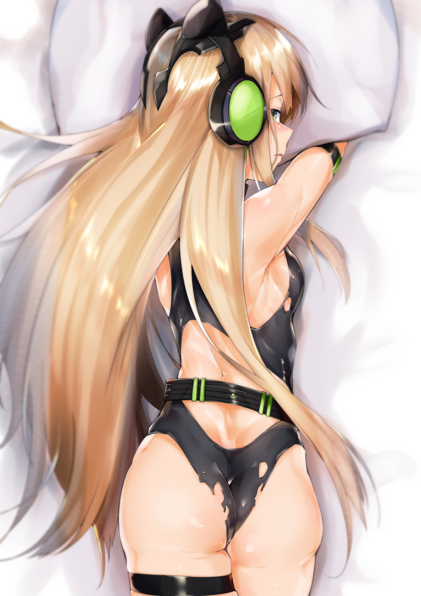 absurdres animal_ears arm_strap armpits ass back backboob bangs bed_sheet belt black_leotard blonde_hair blush bow breasts cat_ear_headphones cat_ears commentary_request damaged dimples_of_venus eyebrows_visible_through_hair from_behind girls_frontline gloves green_eyes hair_between_eyes headphones highres leotard long_hair looking_at_viewer looking_back on_bed open_mouth pillow pillow_hug sidelocks skindentation solo thigh_strap thighs tmp_(girls_frontline) torn_clothes torn_leotard uno_ryoku very_long_hair