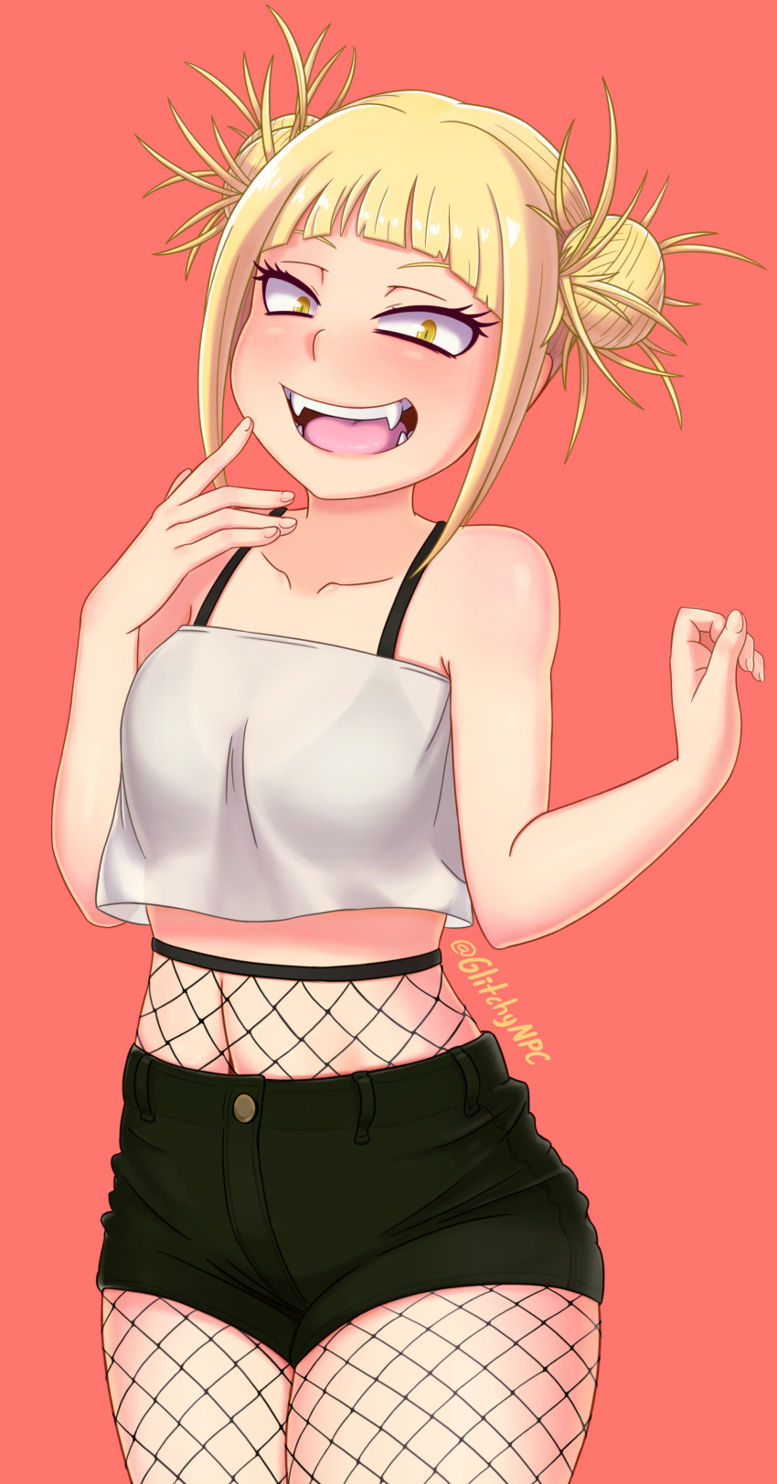 1girl bare_arms bare_shoulders blonde_hair blush boku_no_hero_academia bra collarbone curvy double_bun fangs fishnets glitchynpc happy hips looking_at_viewer medium_hair midriff navel open_mouth short_shorts shorts simple_background smile solo standing strapless teeth thick_thighs thighs toga_himiko tongue tubetop underwear wide_hips yellow_eyes