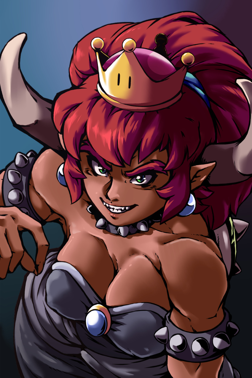 2018 alternate_species big_breasts bowser bowsette_meme breasts cleavage clothed clothing collar crossgender crown female green_eyes hair horn horned_humanoid humanoid humanoidized looking_at_viewer mario_bros nintendo nipple_bulge not_furry plagueofgripes pointy_ears red_hair simple_background smile solo super_crown video_games