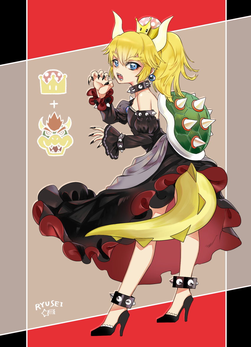 artist_name bare_shoulders black_dress blonde_hair blue_eyes bowser bowsette bracelet claw_pose collar commentary_request detached_sleeves dress earrings eyebrows_visible_through_hair fingernails from_behind high_heels highres horns jewelry juliet_sleeves long_sleeves looking_at_viewer mario_(series) nail_polish new_super_mario_bros._u_deluxe ponytail puffy_sleeves puzzle157xxx sharp_fingernails sharp_teeth solo spiked_anklet spiked_bracelet spiked_collar spiked_shell spiked_tail spikes strapless strapless_dress super_crown tail teeth thick_eyebrows
