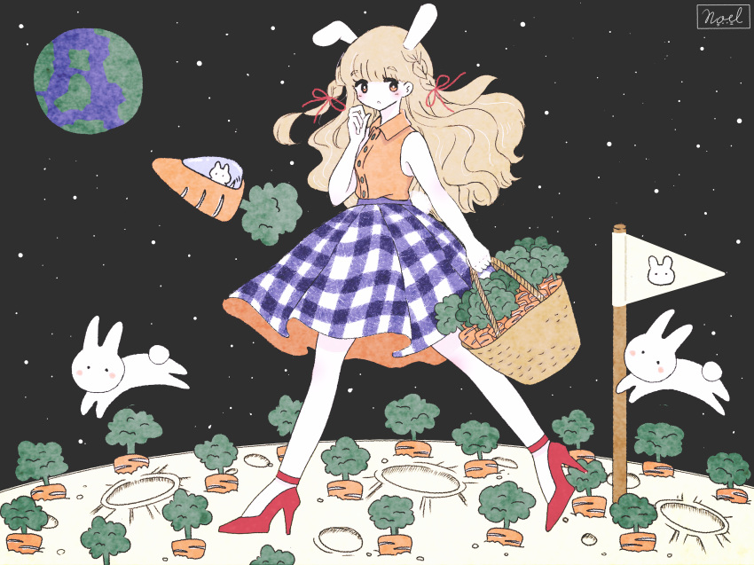 absurdres animal animal_ears artist_name bag bangs blunt_bangs braid bunny bunny_ears bunny_girl carrot collared_shirt crater earth eyebrows_visible_through_hair eyes_visible_through_hair flag food hand_up high_heels highres light_brown_hair long_hair looking_back moon moon_rabbit night night_sky noeru_(noellemonade) orange_eyes orange_shirt original pale_skin parted_lips plaid plaid_skirt red_footwear shirt signature skirt sky sleeveless solo space_craft star_(sky) starry_sky twin_braids vegetable