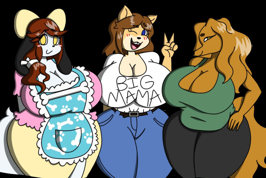 anthro big_breasts black_background breasts canine chhiccennuggett clothed clothing cute dog dogmom female fully_clothed group holly_applebee humanoid_hands june_(jinu) mabel_(cherrikissu) mammal one_eye_closed simple_background thick_thighs wide_hips wink