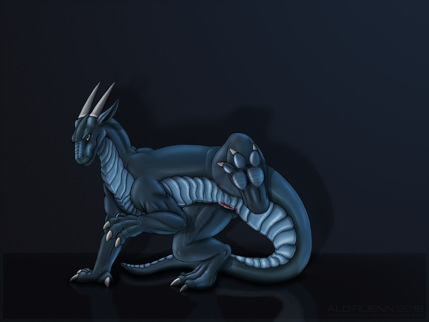 2018 3_toes ald'ruenn animal_genitalia anus blue_eyes butt claws digital_drawing_(artwork) digital_media_(artwork) dragon female feral gaping gaping_pussy genital_slit hi_res horn looking_at_viewer presenting presenting_anus presenting_hindquarters presenting_pussy pussy raised_leg reptile scalie signature simple_background slit solo spread_legs spreading toe_claws toes