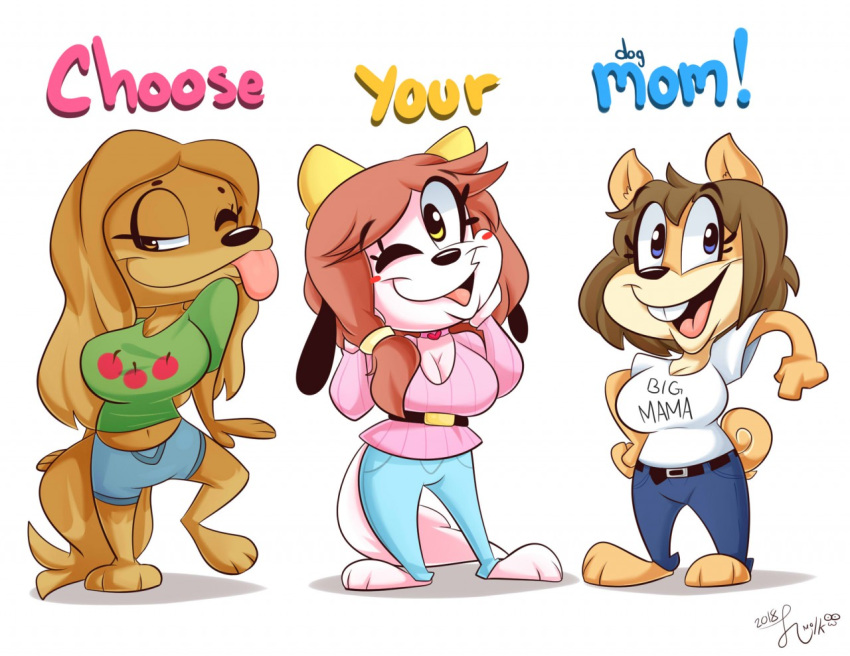 anthro big_breasts breasts canine clothed clothing cute dog dogmom female fully_clothed group hampton holly_applebee humanoid_hands june_(jinu) mabel_(cherrikissu) mammal one_eye_closed simple_background thick_thighs white_background wide_hips wink