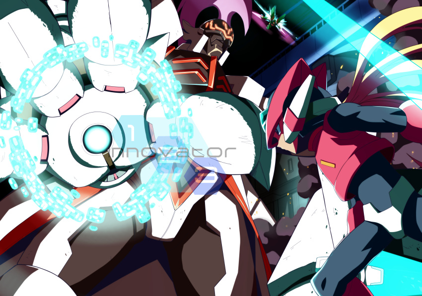 absurdres android armor battle beam_saber blonde_hair bodystocking bodysuit commentary dual_wielding energy_blade energy_sword english_commentary gloves glowing harpuia helmet highres holding innovator123 long_hair multiple_boys omega_(rockman) robot rockman rockman_zero rockman_zero_3 sword weapon zero_(rockman)