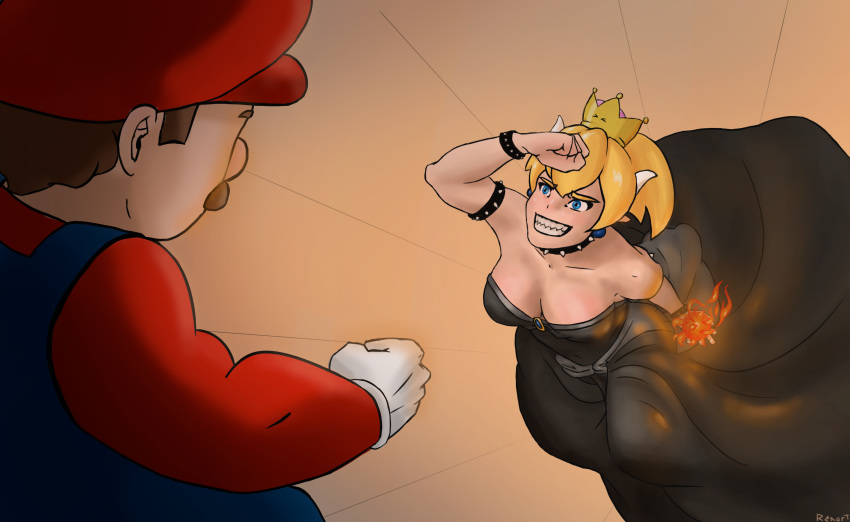 alternate_species big_breasts blonde_hair bowser bowsette_meme breasts crossgender duo errant female hair humanoid humanoidized koopa male mario mario_bros nintendo scalie simple_background super_crown video_games