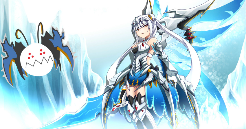 alice360 armor bare_shoulders crimson_avenger_(elsword) crystal_sword detached_sleeves elesis_(elsword) elsword evil_tracer_season_2 eyebrows_visible_through_hair glacier highres ice sticker sword twintails weapon white_hair wings yellow_eyes