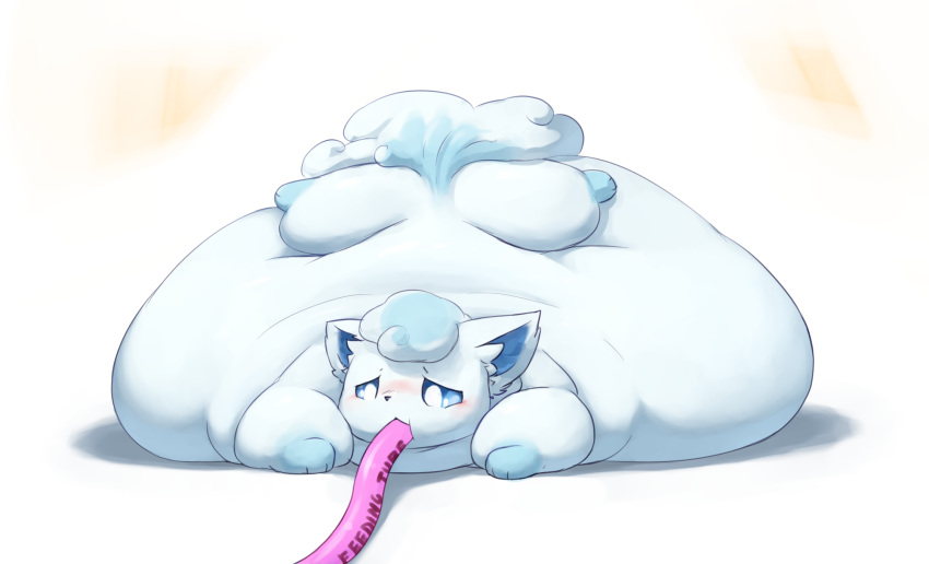 2018 alolan_vulpix ambiguous_gender belly big_belly feeding_tube feral fur half-closed_eyes hyper hyper_belly immobile lying morbidly_obese nintendo obese on_front overweight pok&eacute;mon pok&eacute;mon_(species) regional_variant simple_background solo veiukket video_games white_background white_fur