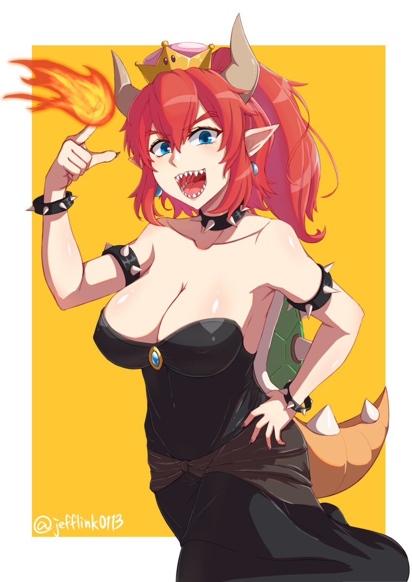 2018 5_fingers blue_eyes bowser bowsette_meme bracelet breasts cleavage clothed clothing collar crossgender dress eyebrows_visible_through_hair eyelashes female fire hair horn humanoid jefflink0113 jewelry koopa looking_at_viewer mario_bros nails nintendo nipple_bulge open_mouth pointy_ears ponytail red_hair scalie sharp_teeth solo spiked_armlet spiked_bracelet spiked_collar spiked_shell spiked_tail spikes super_crown teeth video_games