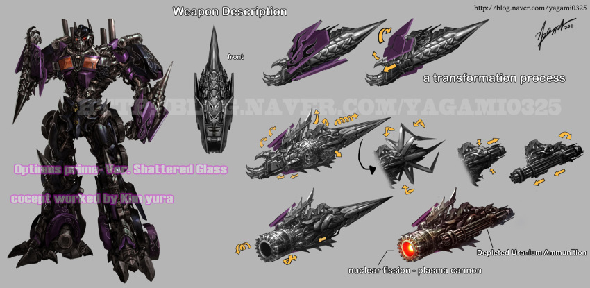 arm_blade artist_name autobot cannon character_sheet claws commentary deviantart_username english_commentary ground_vehicle gun headgear highres insignia kim_yura_(goddess_mechanic) machine machine_gun machinery mecha motor_vehicle no_humans optimus_prime optimus_prime_(shattered_glass) red_eyes robot science_fiction transformers transformers_shattered_glass transforming truck weapon