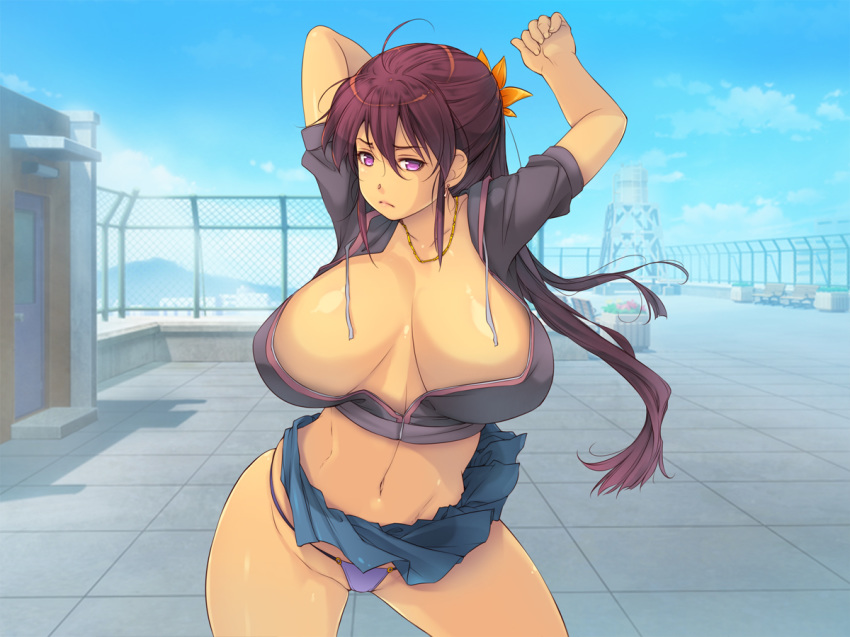 1girl arms_up bare_legs blue_skirt blush breasts brown_hair cleavage closed_mouth cowboy_shot day floating_hair groin highres jacket jewelry large_breasts legs legs_apart long_hair long_ponytail looking_at_viewer miniskirt navel necklace netori_musou_life_"100_netori_haramase_no_sainou!" original outdoors panties partially_visible_vulva pink_eyes ponytail shiny shiny_skin skirt sky solo thighs underwear yoko_juusuke zipper