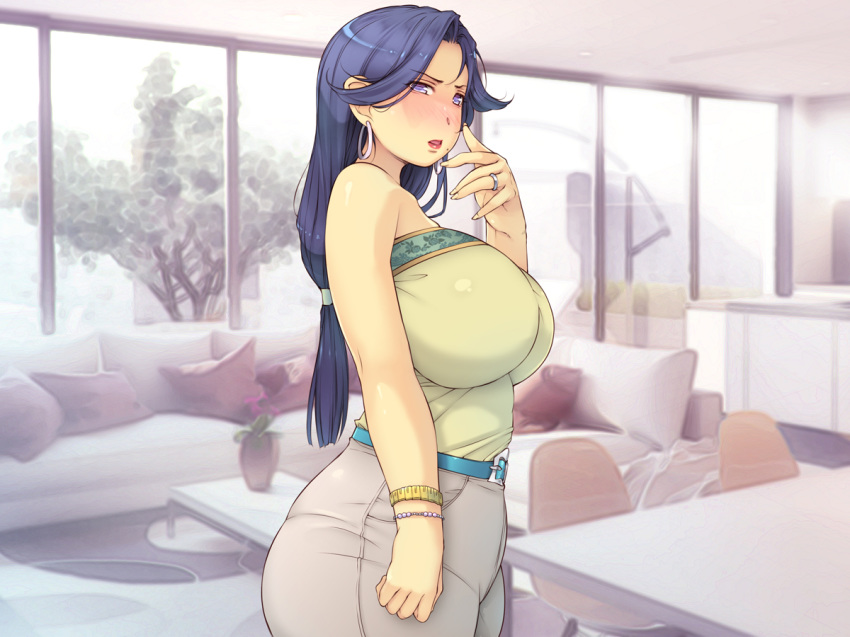 1girl ass bare_arms bare_shoilders bare_shoulders belt blue_eyes blue_hair blush breasts chair couch cowboy_shot earrings highres hips hoop_earrings huge_ass huge_breasts indoors jewelry legs long_hair looking_at_viewer low-tied_long_hair mole mole_under_mouth netori_musou_life_"100_netori_haramase_no_sainou!" original parted_lips pillow ring shiny shiny_skin sideboob sofa solo standing strapless table thick_thighs thighs tree wedding_ring wide_hips window yoko_juusuke