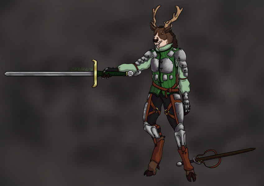 4_fingers anthro antlers armor belt brown_fur brown_nose cervine clothed clothing cloven_hooves couter feidhail fully_clothed fur gauntlets gloves greatsword holding_object holding_weapon hooves horn inner_ear_fluff male mammal orange_eyes pants poleyn scabbard solo vest vulkalu weapon