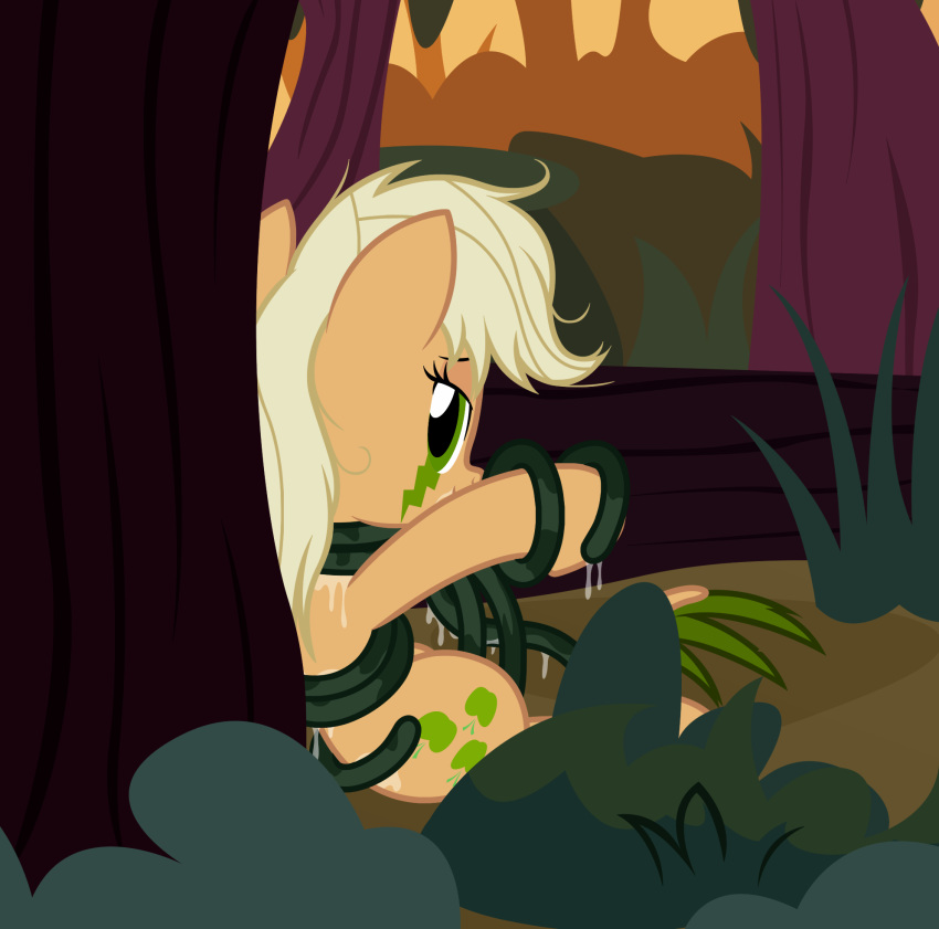 2018 applejack_(mlp) badumsquish blonde_hair bound equine female feral forest friendship_is_magic green_eyes hair horse long_tongue looking_at_viewer looking_back mammal messy_hair my_little_pony pony sitting solo tatzlpony tatzlwurm tentacle_tongue tentacles tongue tree