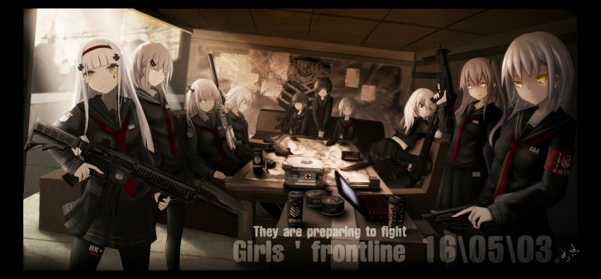 akoabc anti-rain_(girls_frontline) ar-15 armband assault_rifle beretta_93r black_serafuku can cartridge character_request combat_knife commentary computer copyright_name couch energy_drink english first_aid_kit girls_frontline gun h&amp;k_ump h&amp;k_ump45 handgun heckler_&amp;_koch highres hk416 hk416_(girls_frontline) holding holding_gun holding_weapon insignia k-2_(girls_frontline) knife kriss_vector kukri laptop looking_back m16a1_(girls_frontline) m4_carbine m4_sopmod_ii m4_sopmod_ii_(girls_frontline) m4a1_(girls_frontline) magazine_(weapon) map military multiple_girls muted_color necktie rations red_armband red_neckwear rifle rubik's_cube school_uniform serafuku sheath sheathed sitting soda_can st_ar-15_(girls_frontline) submachine_gun suppressor tin_can trigger_discipline ump45_(girls_frontline) vector_(girls_frontline) weapon