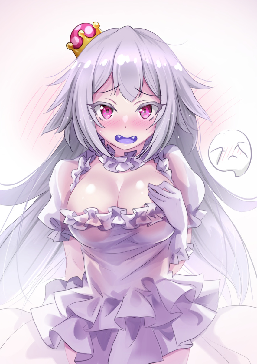 albino blue_tongue blush boo breasts cleavage colored_eyelashes crown dress dual_persona embarrassed eyebrows_visible_through_hair fangs frilled_dress frilled_gloves frills ghost gloves hand_on_own_chest hand_up highres kibihimi large_breasts long_hair looking_at_viewer luigi's_mansion mario_(series) mini_crown new_super_mario_bros._u_deluxe open_mouth pale_skin pink_eyes princess princess_king_boo puffy_short_sleeves puffy_sleeves short_sleeves silver_hair super_crown tilted_headwear white_dress white_gloves