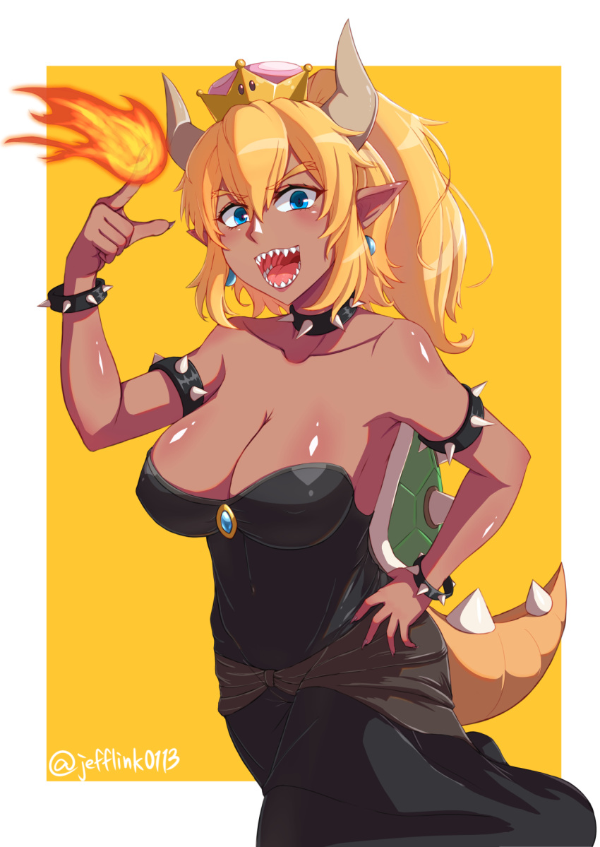 2018 5_fingers blonde_hair blue_eyes bowser bowsette_meme bracelet breasts cleavage clothed clothing collar crossgender dark_skin dress eyebrows_visible_through_hair eyelashes female fire hair horn humanoid jefflink0113 jewelry koopa looking_at_viewer mario_bros nails nintendo nipple_bulge open_mouth pointy_ears ponytail scalie sharp_teeth solo spiked_armlet spiked_bracelet spiked_collar spiked_shell spiked_tail spikes super_crown teeth video_games