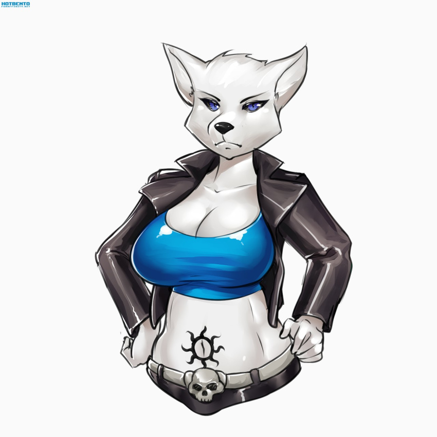 2018 5_fingers anthro big_breasts black_nose black_sclera blue_eyes breasts canine clothed clothing female fur hand_on_hip hotbento jacket leather leather_jacket looking_at_viewer luna_santiago_(lildredre) mammal simple_background solo unimpressed white_background white_fur wolf