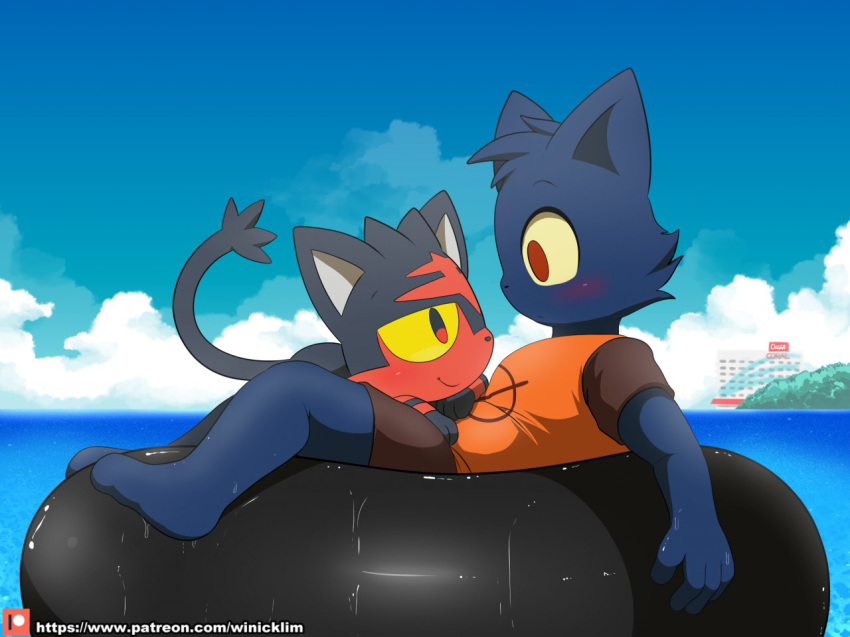 ambiguous_gender anthro blush cat clothed clothing crossover duo feline female fully_clothed inner_tube litten mae_(nitw) mammal night_in_the_woods nintendo outside pok&eacute;mon pok&eacute;mon_(species) video_games water winick-lim