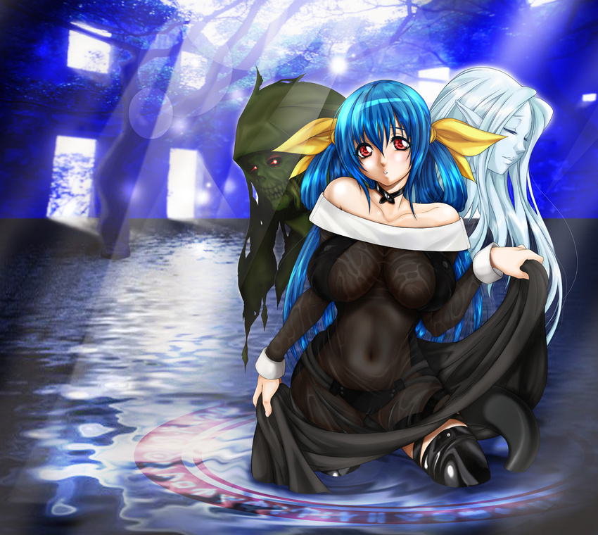 asymmetrical_wings bad_id bad_pixiv_id blue_hair breasts choker collar dizzy guilty_gear highres kutani large_breasts long_hair magic_circle necro_(guilty_gear) red_eyes ribbon see-through tail thighhighs twintails undine_(guilty_gear) wading water wet wings