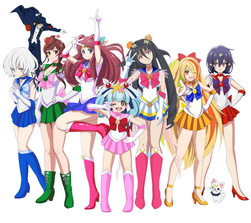 1boy 6+girls :d ;d arm_up bishoujo_senshi_sailor_moon black_cape black_hair black_hat black_pants blonde_hair blue_bow blue_choker blue_eyes blue_footwear blue_hair blue_skirt boots bow breasts brown_hair cape choker circlet cleavage clenched_hand collar cosplay dog elbow_gloves fish flat_chest food formal fruit gloves green_choker green_footwear green_hair hair_bow hair_ornament hair_over_one_eyes hand_on_hip hands_on_hips hands_up hat high_heels highres hoshikawa_lily knee_boots konno_junko long_hair looking_at_another looking_at_viewer luna_(sailor_moon) luna_(sailor_moon)_(cosplay) mask medium_breasts minamoto_sakura mizuno_ai multicolored_hair multiple_girls nikaidou_saki one_eye_closed onion open_mouth orange pants pink_bow pink_footwear pink_skirt pirochi pointing pointing_at_viewer pose red_bow red_eyes red_footwear red_hair red_skirt romero_(zombie_land_saga) sailor_jupiter sailor_jupiter_(cosplay) sailor_mars sailor_mars_(cosplay) sailor_mercury sailor_mercury_(cosplay) sailor_moon sailor_neptune sailor_neptune_(cosplay) sailor_saturn sailor_saturn_(cosplay) sailor_venus sailor_venus_(cosplay) school_uniform serafuku siidelocks silver_eyes silver_hair skirt smile spiked_collar spikes standing standing_on_one_leg star star_hair_ornament suit tatsumi_koutarou tuxedo_kamen tuxedo_kamen_(cosplay) v very_long_hair wavy_mouth white_gloves white_skirt yamada_tae yellow_footwear yuugiri_(zombie_land_saga) zombie_land_saga