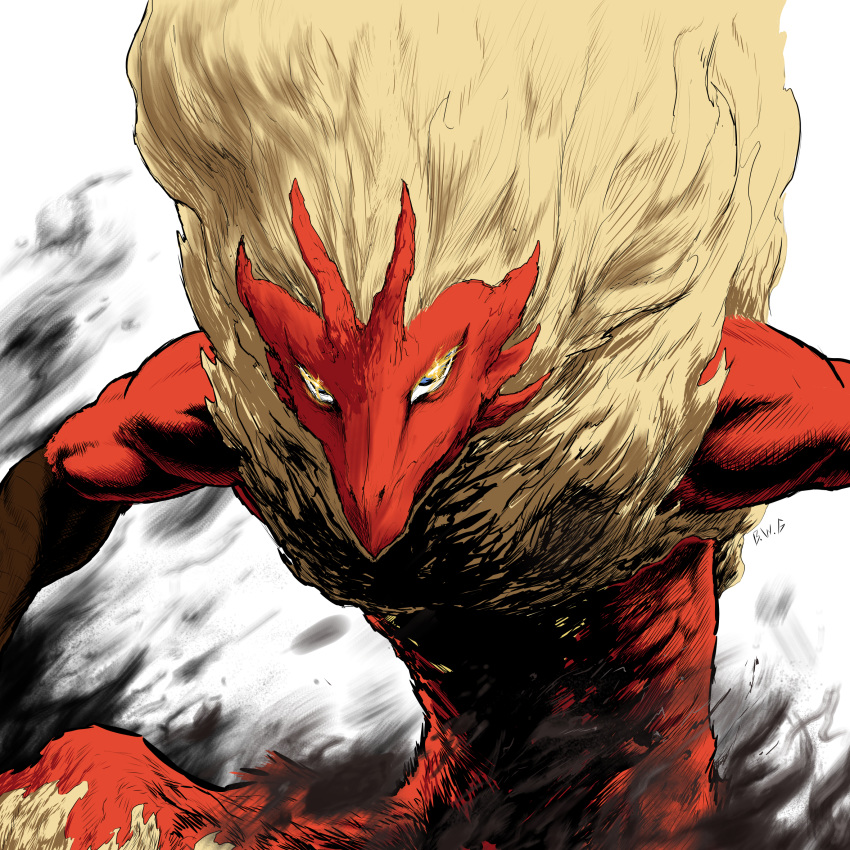 anthro avian beak bird blaziken blonde_hair blue_eyes bwgod flowing_hair glowing glowing_eyes hair looking_at_viewer male muscular nintendo pok&eacute;mon pok&eacute;mon_(species) spikes video_games