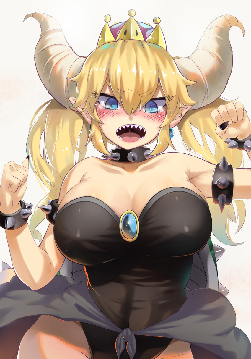 absurdres armlet bangs bare_shoulders black_collar black_leotard black_nails blonde_hair blue_eyes blush bowsette bracelet breasts bright_pupils brooch cleavage collar crown eyebrows_visible_through_hair fingernails hair_between_eyes highleg highleg_leotard highres horns jewelry large_breasts leotard long_hair looking_at_viewer mario_(series) nail_polish new_super_mario_bros._u_deluxe nose_blush open_mouth pointy_ears sharp_fingernails sharp_teeth simple_background solo spiked_armlet spiked_bracelet spiked_collar spikes strapless strapless_leotard super_crown super_mario_bros. tears teeth torieto twintails v-shaped_eyebrows white_background white_pupils