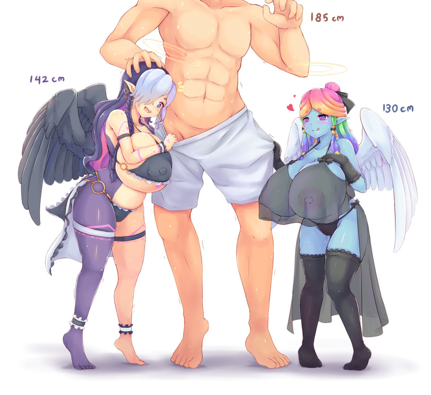 2girls :d adonis_belt aiassis angel angel_wings ankle_garter aqua_skin areolae artist_request assisted_exposure barefoot bikini black_bikini black_legwear black_panties black_wings boxers boxers_pull breasts closed_mouth comparison covered_nipples curly_hair double_halo drooling eonbound feathered_wings frilled_bikini frilled_garter frills gradient_hair hair_over_one_eye halo hand_on_another's_head head_out_of_frame height_difference highres huge_breasts large_areolae licking_lips long_hair mature multicolored_hair multiple_girls nipples o-ring o-ring_bikini open_mouth panties penis_awe phessian plump pointy_ears puffy_nipples purple_skin rainbow_hair sagging_breasts see-through see-through_silhouette short_eyebrows sidelocks size_difference skindentation smile source_request standing swimsuit tattoo thick_eyebrows thigh_strap thighhighs tiptoes tongue tongue_out two-tone_hair two-tone_skin underwear white_boxers white_wings wings xaessya