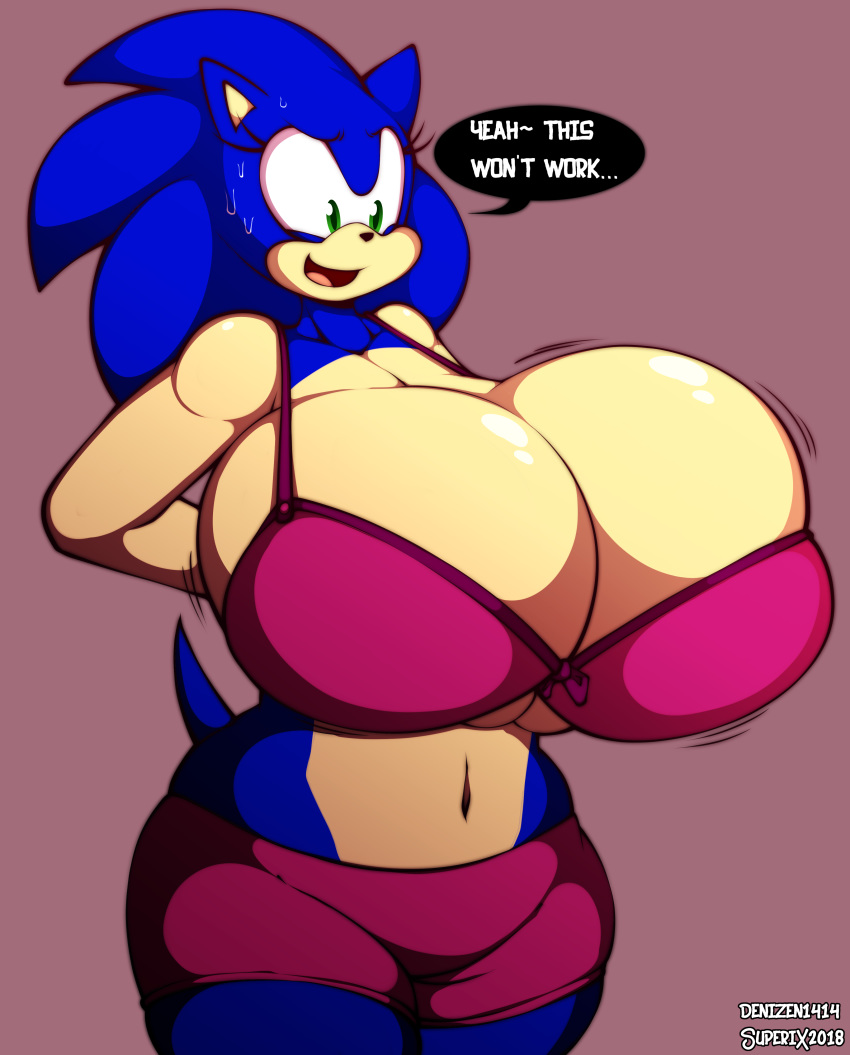 2018 absurd_res anthro big_breasts bra breasts clothed clothing collaboration crossgender denizen1414 dialogue digital_media_(artwork) english_text eyelashes female green_eyes hedgehog hi_res huge_breasts hyper hyper_breasts mammal navel open_mouth simple_background solo sonic_(series) sonic_the_hedgehog superix sweat text underwear