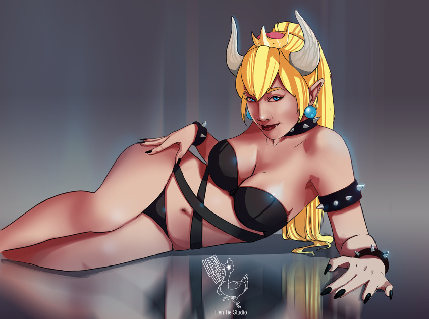 aqua_eyes artist_logo artist_name black_collar black_nails blonde_hair blue_earrings borrowed_design bowsette bracelet breasts cleavage collar crown earrings fang fang_out feet_out_of_frame fingernails grey_background hen_tie_studio horns jewelry legs long_fingernails long_hair looking_at_viewer lying mario_(series) nail_polish new_super_mario_bros._u_deluxe on_side pointy_ears ponytail princess realistic self_upload sharp_fingernails simple_background smile solo source_request spiked_armlet spiked_bracelet spiked_collar spikes super_crown thick_eyebrows toon