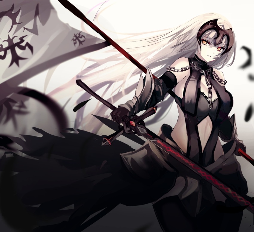 armor armored_dress bangs beckzawachi black_dress breasts chain commentary_request dress eyebrows_visible_through_hair fate/grand_order fate_(series) flag gauntlets headpiece jeanne_d'arc_(alter)_(fate) jeanne_d'arc_(fate)_(all) pale_skin short_hair silver_hair sword thighhighs weapon yellow_eyes