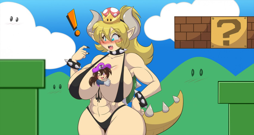 animal_humanoid big_breasts bowsette_meme breasts cleavage clothed clothing duo female human human_on_humanoid humanoid mammal mastergodai micro nintendo super_crown video_games