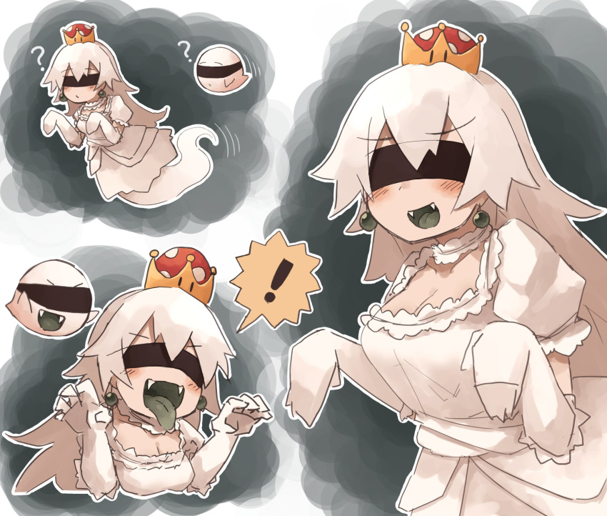 1girl ? blindfold blush boo breasts claw_pose cleavage commentary_request crown dress earrings elbow_gloves fangs ghost ghost_pose ghost_tail gloves green_tongue highres jewelry kaginoni long_hair luigi's_mansion mario_(series) multiple_views new_super_mario_bros._u_deluxe open_mouth princess_king_boo spoken_exclamation_mark super_crown super_mario_world_2:_yoshi's_island tongue tongue_out white_dress white_hair