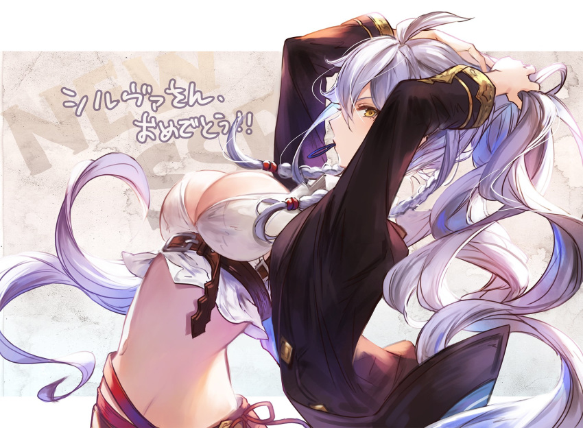 ahoge arms_up artist_request belt blush braid breasts brown_jacket buckle cleavage collared_crop_top commentary_request crop_top floating_hair granblue_fantasy hair_between_eyes hair_tie_in_mouth hairband highres jacket large_breasts long_hair long_sleeves looking_at_viewer midriff mouth_hold navel official_art open_clothes open_jacket side_braid silva_(granblue_fantasy) silver_hair skirt sleeveless solo stomach twin_braids tying_hair very_long_hair yellow_eyes