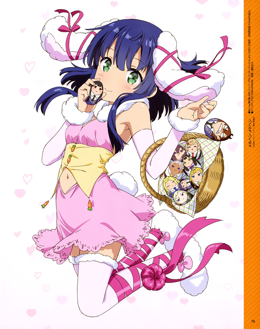 :&gt; absurdres animal_ears basket blue_hair blush breasts bunny_ears character_request closed_mouth daruma_doll detached_sleeves eyebrows_visible_through_hair fake_animal_ears green_eyes highres holding holding_basket kagimura_hazuki long_hair looking_at_viewer magazine_scan marchen_madchen megami_deluxe page_number pink_ribbon ribbon scan small_breasts smile suwa_takehiro thighhighs tsuchimikado_shizuka white_legwear