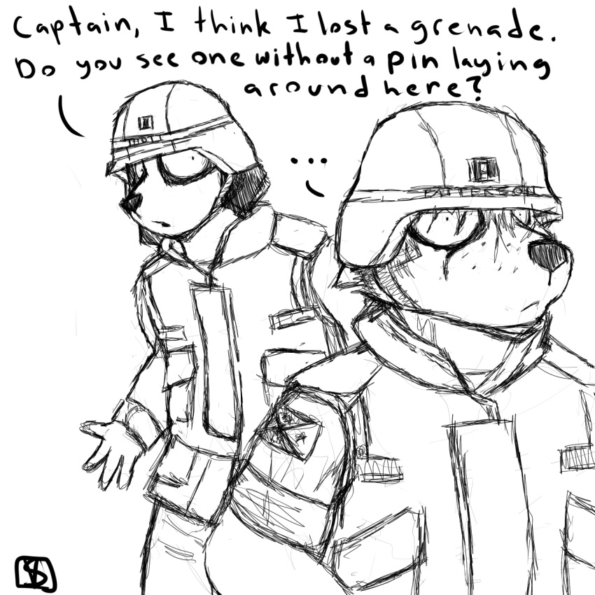 2018 armor army black_and_white canine clothed clothing comic dialogue dog english_text female fox helmet humor mammal military monochrome peggy_patterson samantha_thott savagelyrandom shocked simple_background soldier text uniform vest