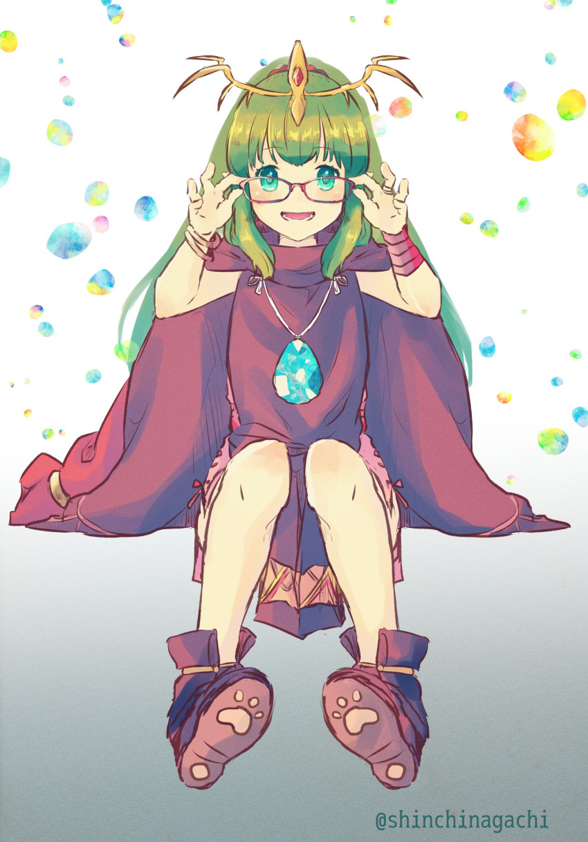 absurdres adjusting_eyewear bracelet chiki cloak commentary_request fire_emblem fire_emblem:_monshou_no_nazo fire_emblem_heroes full_body glasses green_eyes green_hair highres hood hood_down jewelry long_hair mamkute nishimura_(nianiamu) open_mouth pointy_ears simple_background sitting solo stone tiara twitter_username