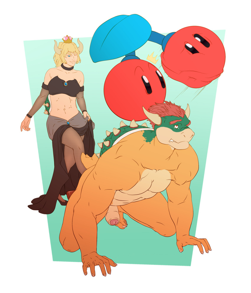 9x9 ballbusting bowser bowsette_meme cock_and_ball_torture crown double_cherry female humanoid humbler kick kneeling koopa male male/female mario_bros nintendo scalie super_crown video_games