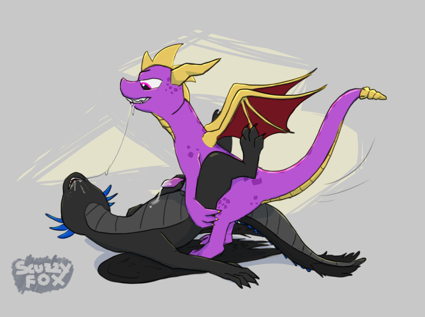 2018 arrow_(scuzzyfox) cum dragon duo hi_res lying male male/male missionary_position on_back orgasm penis saliva scalie scuzzyfox sex shaded simple_background sketch slit spyro spyro_the_dragon straddling teeth video_games western_dragon wings