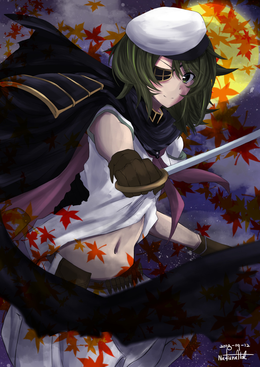 absurdres autumn_leaves black_cape brown_gloves cape commentary_request cutlass dated eyepatch gloves green_eyes green_hair hat highres holding holding_sword holding_weapon kantai_collection kiso_(kantai_collection) looking_at_viewer midriff nakura_haru navel remodel_(kantai_collection) sailor_hat school_uniform serafuku short_hair signature skirt smile solo sword weapon white_skirt