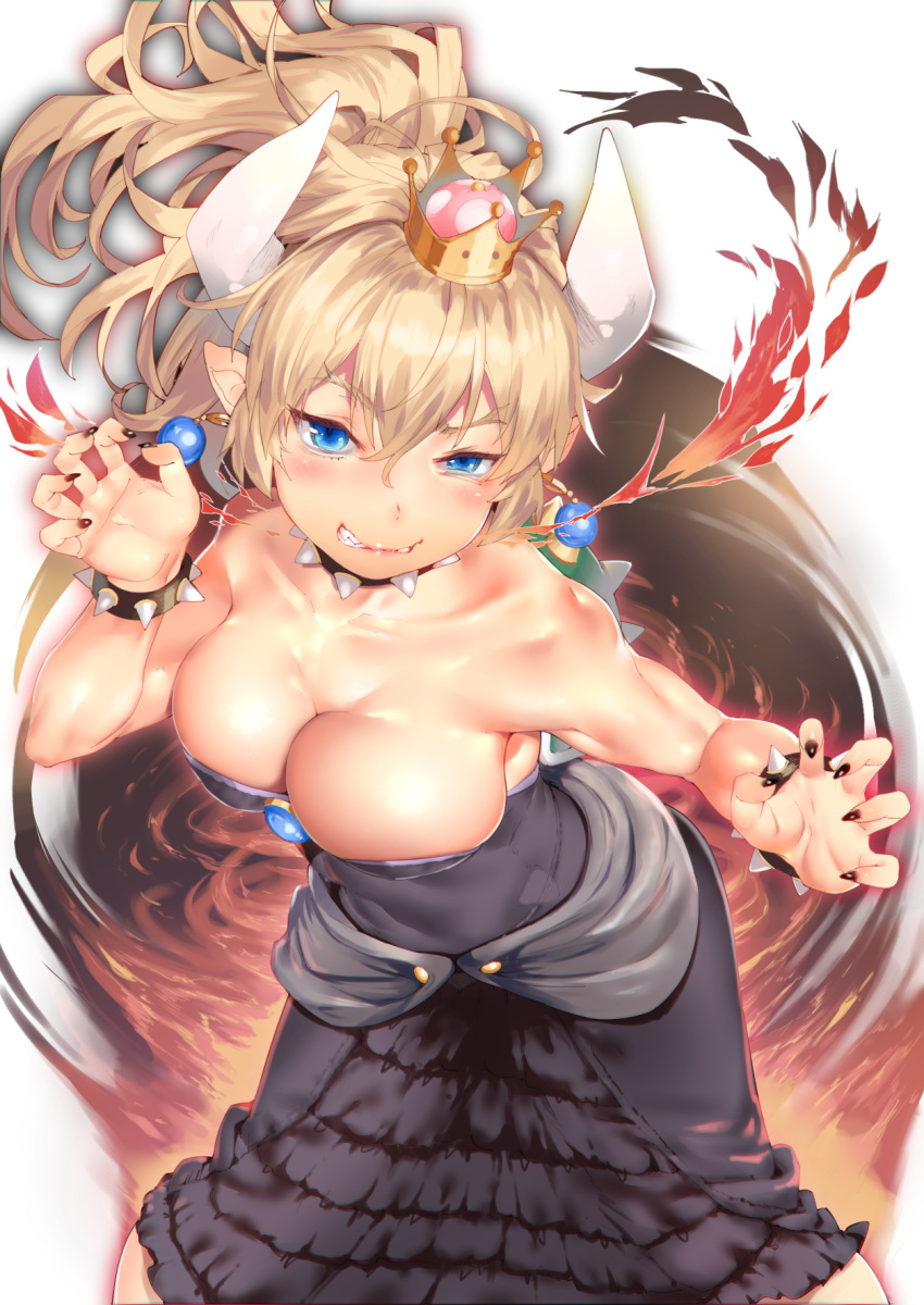 black_dress black_nails blonde_hair bowsette bracelet breasts breathing_fire brooch cleavage collar commentary_request cowboy_shot crown dress earrings fire highres horns jewelry karochii large_breasts mario_(series) nail_polish new_super_mario_bros._u_deluxe pointy_ears sharp_teeth smile solo spiked_bracelet spiked_collar spiked_shell spikes standing strapless strapless_dress super_crown teeth turtle_shell white_background
