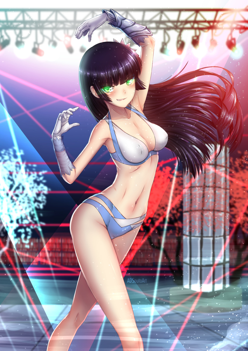 adsouto arm_guards arms_up artist_name bikini black_hair blush breasts cleavage gloves glowing glowing_eyes green_eyes grin hair_ornament highres medium_breasts melanie_malachite navel nightclub rwby smile solo standing swimsuit white_bikini