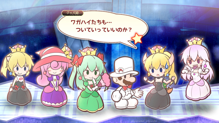 5girls blonde_hair bow bowsette bowsette_jr. bowtie collar crown curly_hair dress facial_hair fake_screenshot fan frilled_dress frilled_gloves frills gameplay_mechanics ghost ghost_pose gloves green_hair hair_bow hair_over_eyes hat jewelry long_hair luigi's_mansion mario mario_(series) multiple_girls mustache new_super_mario_bros._u_deluxe open_mouth paper_mario paper_mario:_the_thousand_year_door parody personification pink_hair ponytail princess_king_boo purple_tongue resaresa sharp_teeth smile spiked_collar spikes star striped_hat style_parody super_crown super_mario_bros. super_mario_odyssey sweatdrop teeth tongue tongue_out top_hat translated twintails vivian_(paper_mario) white_dress white_gloves white_hair witch_hat yurume_atsushi