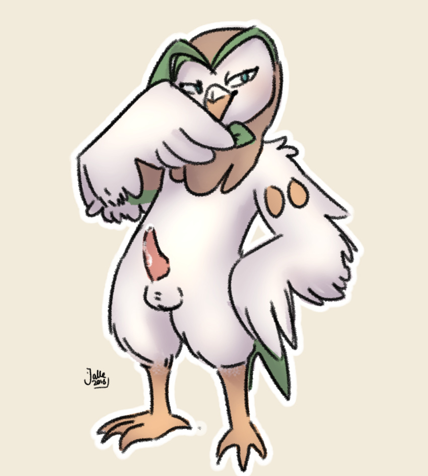avian balls bird blue_eyes brown_feathers cum dartrix feathers green_feathers jalle looking_at_viewer male nintendo pok&eacute;mon pok&eacute;mon_(species) smile smirk solo standing video_games white_feathers white_wings wido wings