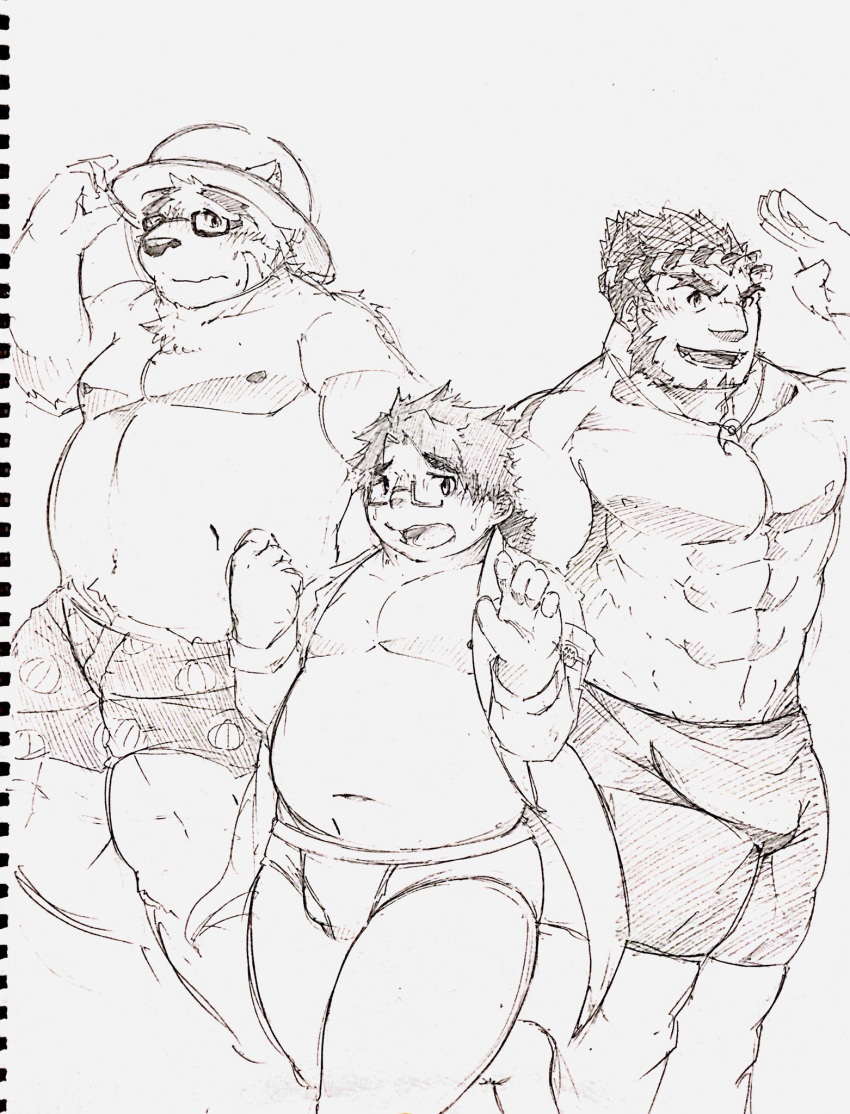 2018 anthro bear belly blush bulge clothing eyewear glasses group hat kawakyun1 licht_(tas) male mammal moobs navel nipples overweight overweight_male straw_hat tokyo_afterschool_summoners underwear volos