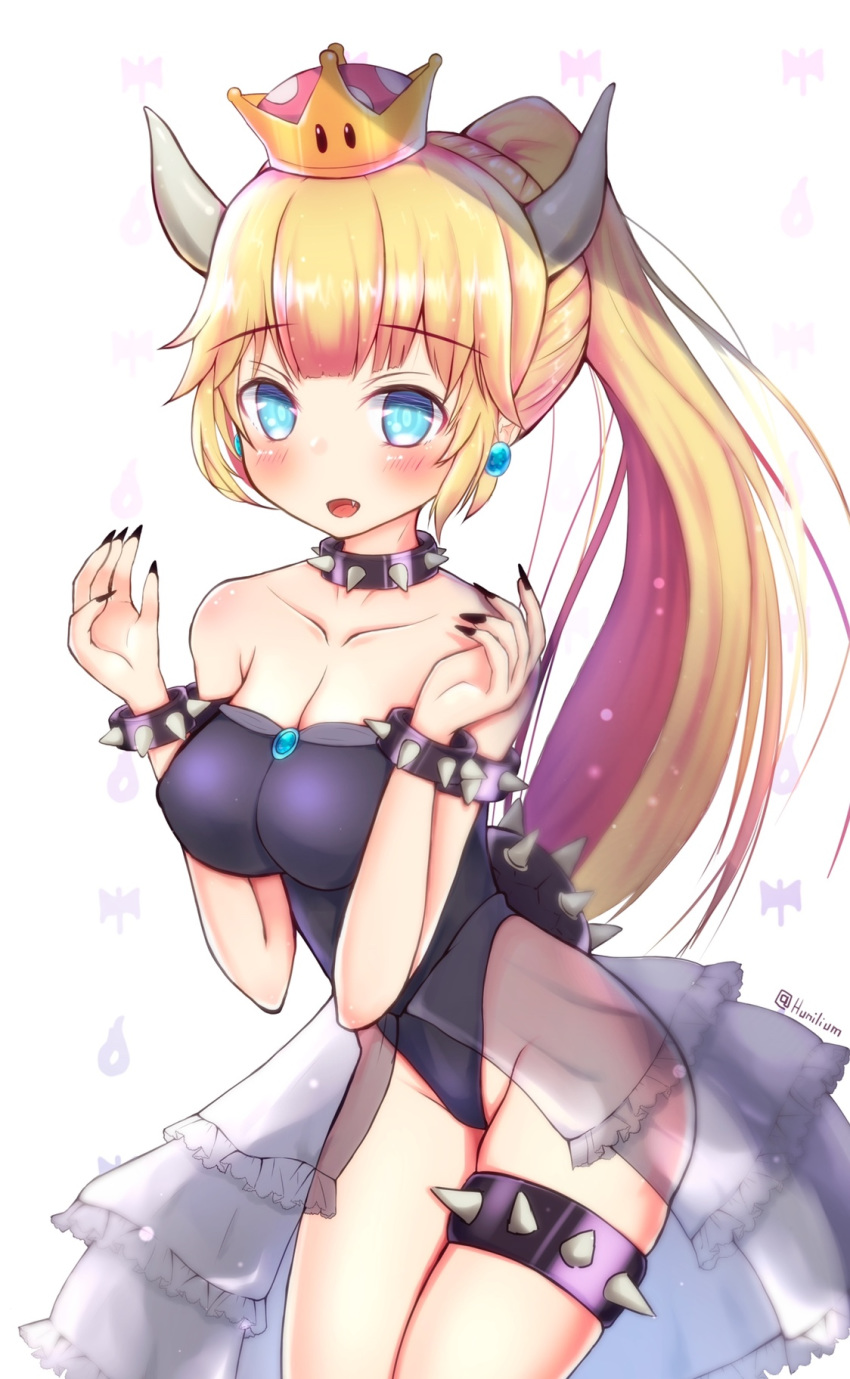 aqua_earrings aqua_eyes aqua_pupils arched_back bangs bare_shoulders black_leotard black_nails blonde_hair blunt_bangs blush bowsette bracelet breasts brooch cleavage collar commentary_request cowboy_shot crown eyebrows_visible_through_hair fang fingernails hair_between_eyes hands_up highres hips horns hunilium jewelry leotard long_ponytail looking_at_viewer mario_(series) md5_mismatch medium_breasts nail_polish new_super_mario_bros._u_deluxe patterned_background sharp_fingernails shiny shiny_clothes shiny_hair shiny_skin short_hair sidelocks smile spiked_bracelet spiked_collar spiked_shell spiked_thighlet spikes strapless strapless_leotard super_crown thighs twitter_username white_background