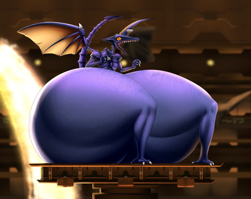 anthro big_butt butt dragon huge_butt hyper hyper_butt hyper_thighs lava looking_at_viewer male membranous_wings metroid nintendo purple_scales ridley scales spaca space_pirate video_games what wings