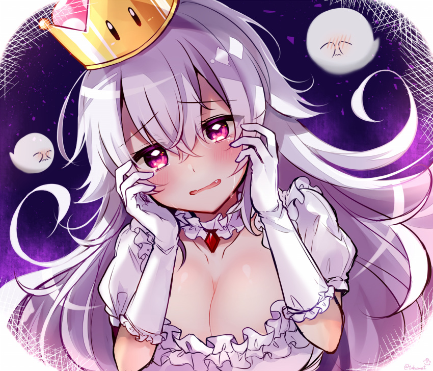 bangs blush boo breasts cleavage collar commentary_request crown crying curly_hair detached_collar dress elbow_gloves eyebrows_visible_through_hair fang frilled_collar frilled_dress frilled_sleeves frills fukunoki_tokuwa gloves hair_between_eyes hands_on_own_cheeks hands_on_own_face highres large_breasts long_hair looking_at_viewer luigi's_mansion mario_(series) new_super_mario_bros._u_deluxe open_mouth princess_king_boo puffy_short_sleeves puffy_sleeves purple_eyes short_sleeves solo_focus super_crown very_long_hair white_dress white_gloves white_hair